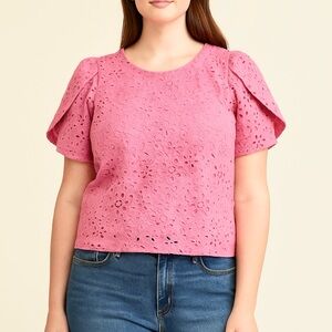 Charter Club Womens Floral Eyelet Tulip Sleeve Blouse Size L Pink Lined EUC